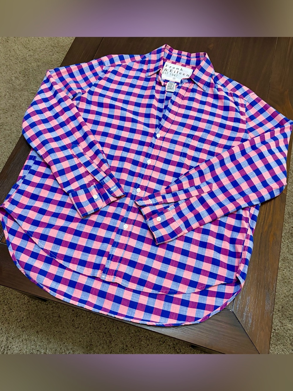 Frank & Eileen The Eileen Relaxed Button Up Shirt Italian Cotton Pink Blue Plaid - Picture 1 of 13